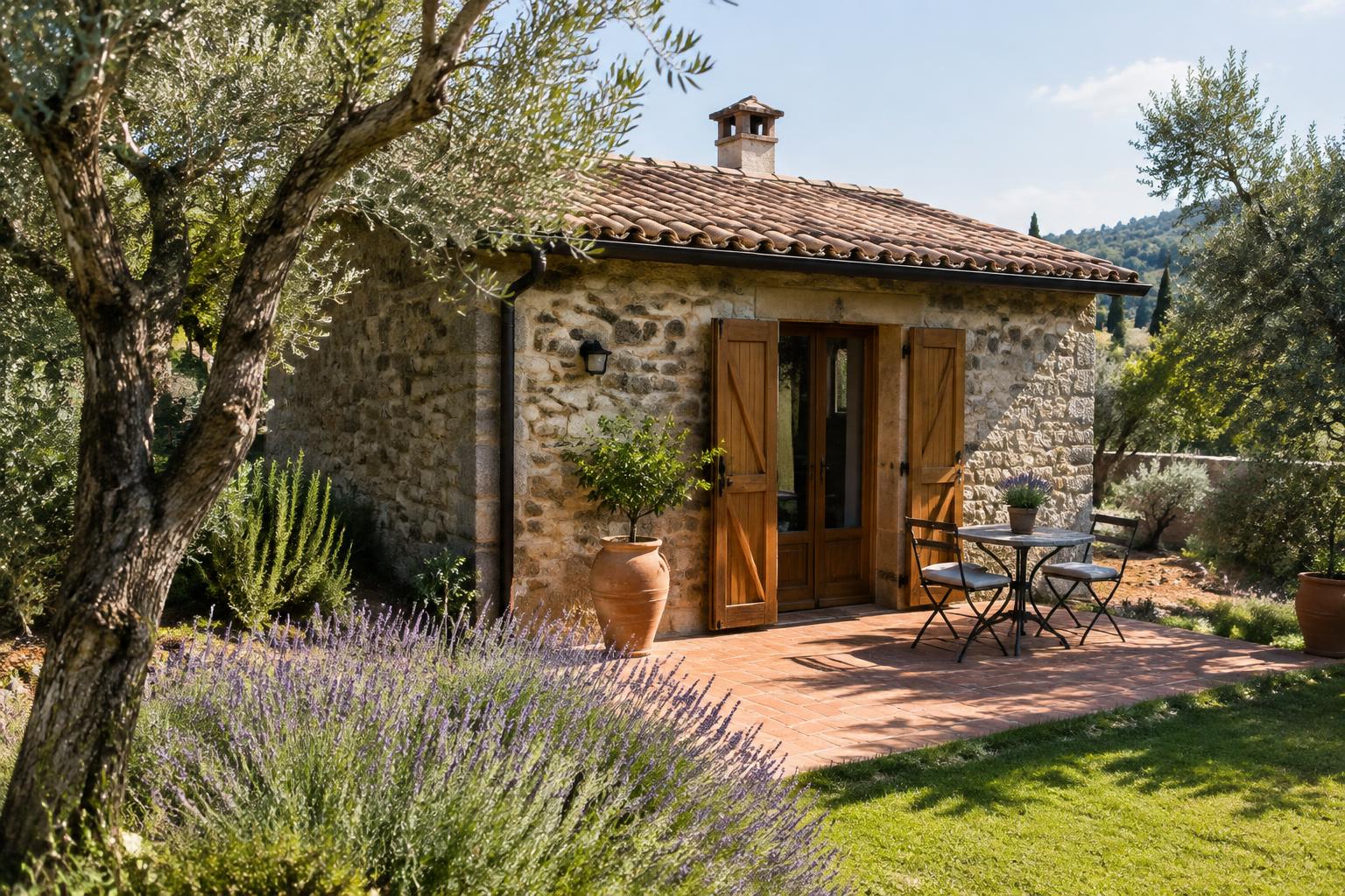 Casa di campagna color ocra con tetto in coppi e cipressi