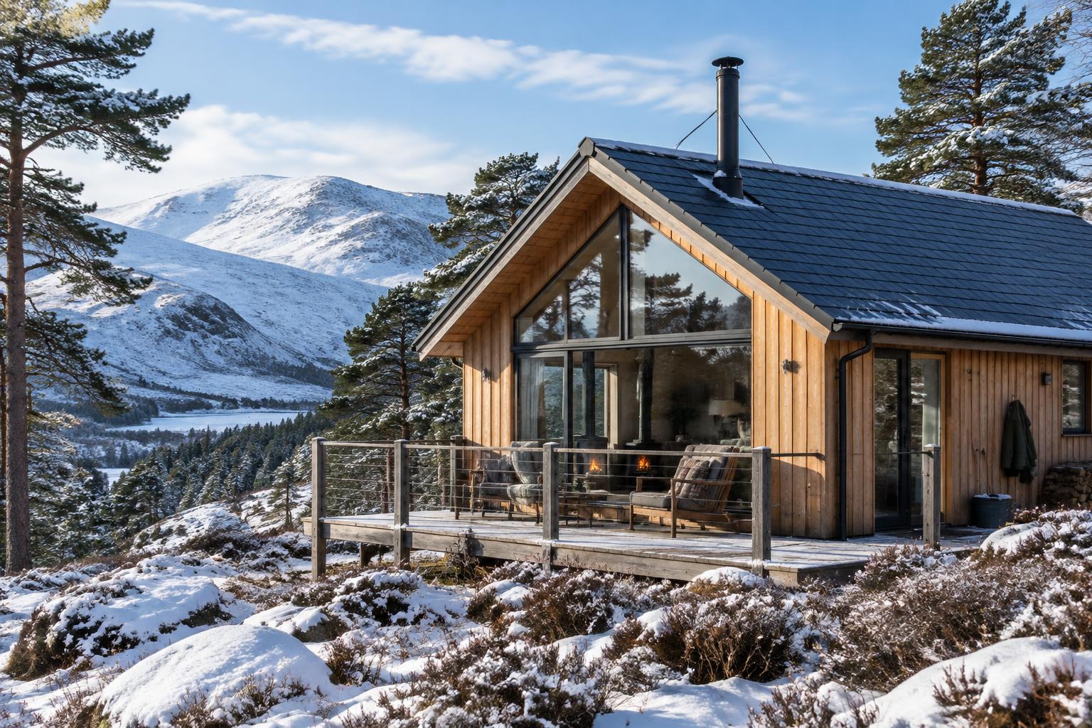 Larch-clad timber lodge in the snowy Cairngorms