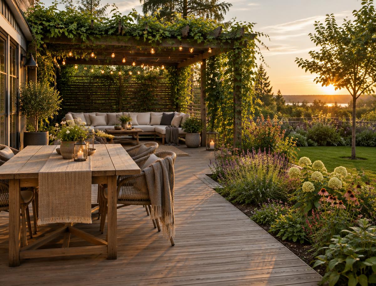 Eksempelbillede: træterrasse med pergola og blomsterbede.