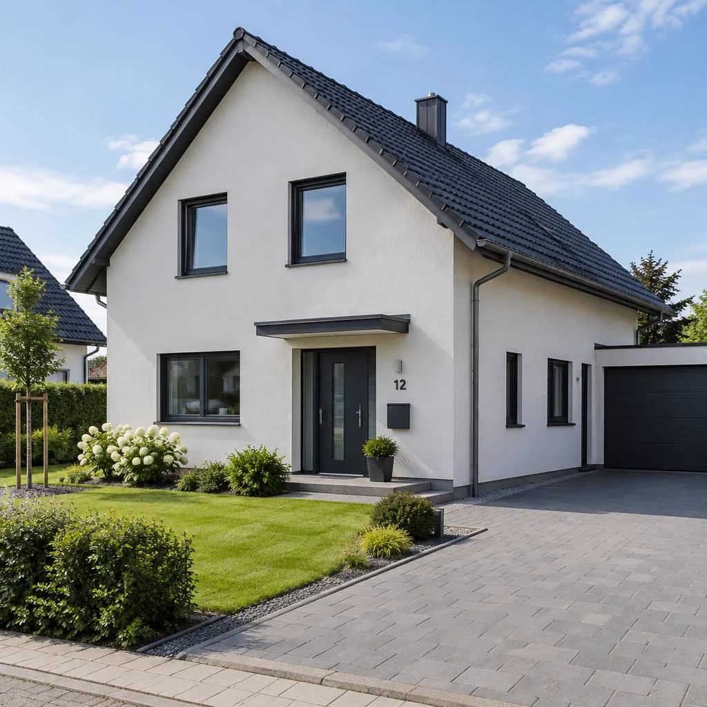 Verputztes Einfamilienhaus mit dunklem Dach und Einfahrt