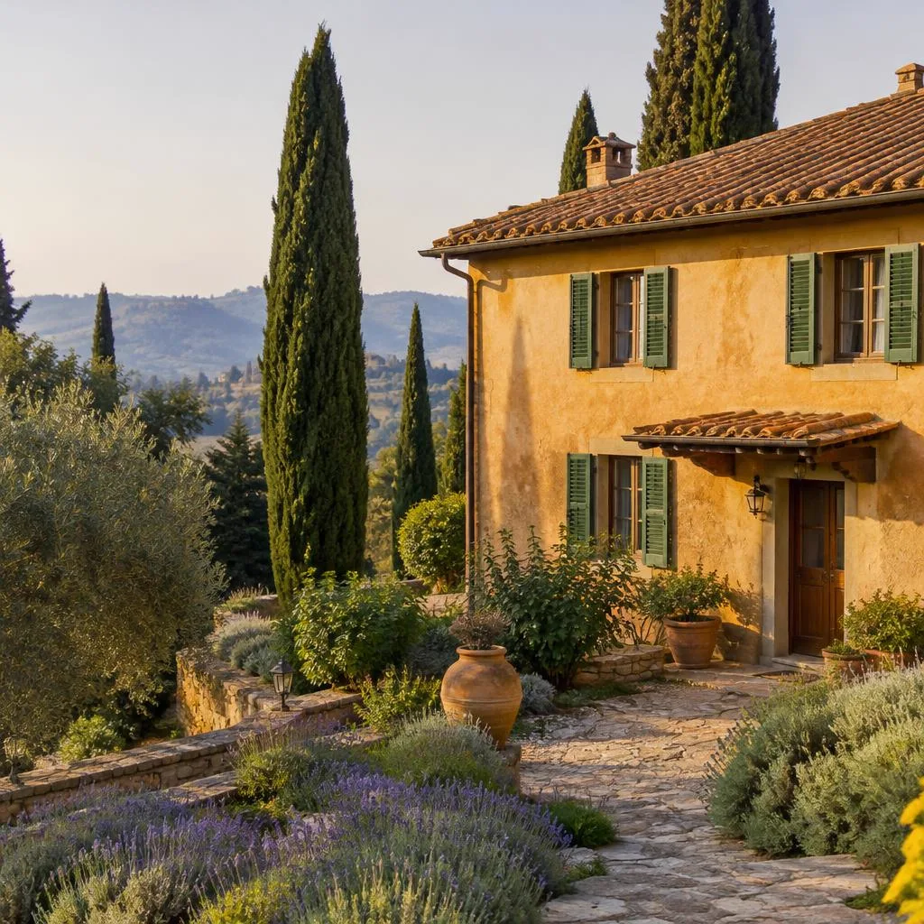 Casa di campagna color ocra con tetto in coppi e cipressi