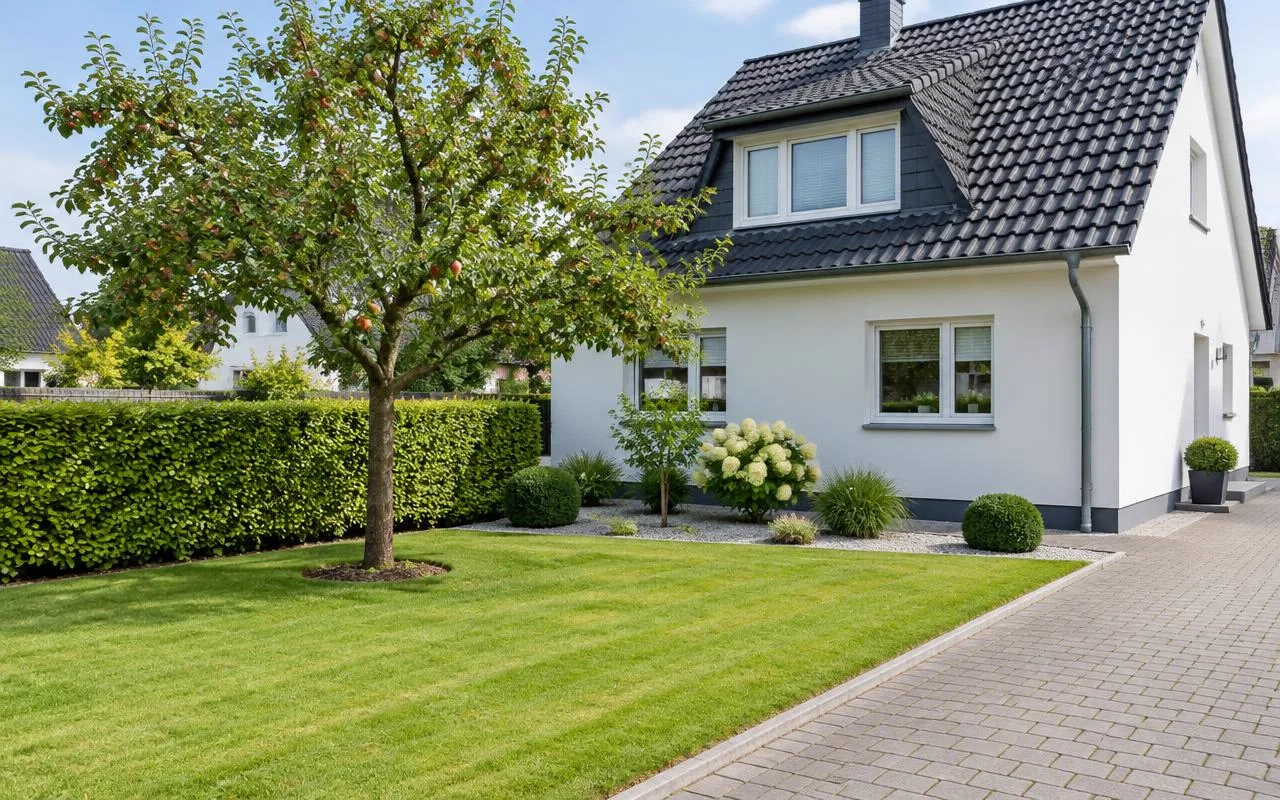 Grüner Garten am weißen Haus mit Hecke und Obstbaum