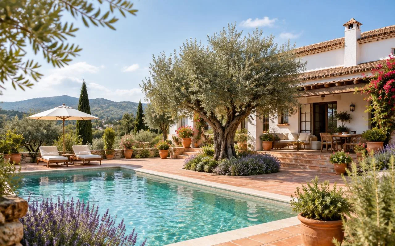 Jardín mediterráneo con olivo, piscina y macetas de terracota
