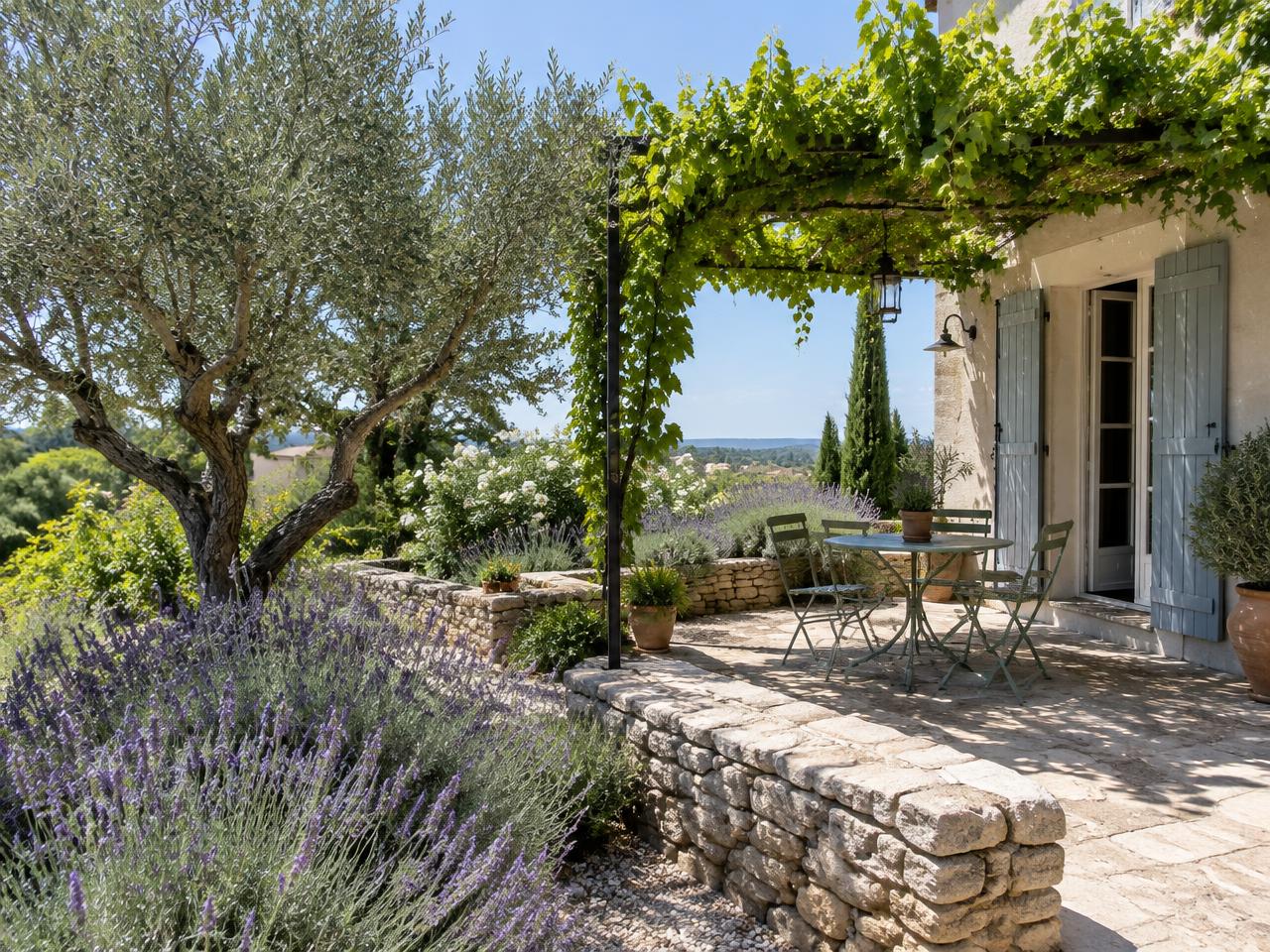 Jardin verdoyant d'une maison en brique avec pelouse, roses et allée en pierre