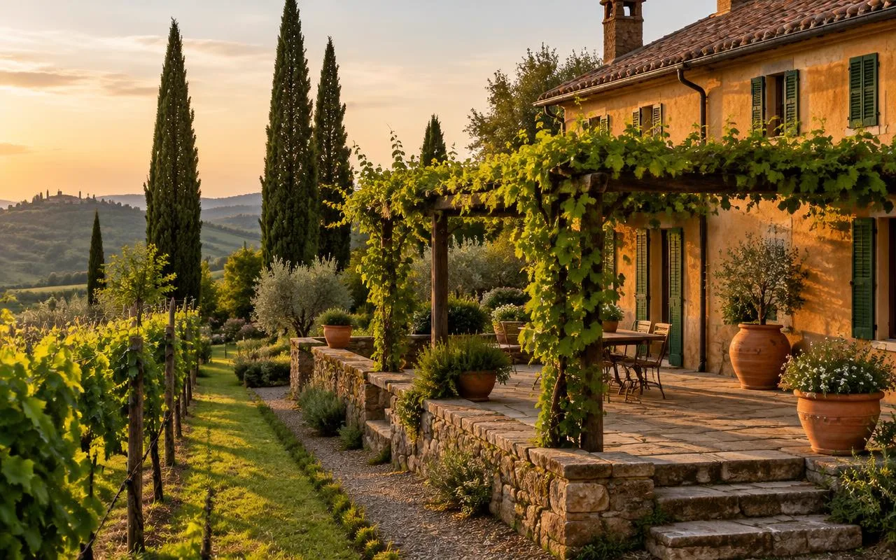 Giardino di campagna con pergolato, cipressi e viti