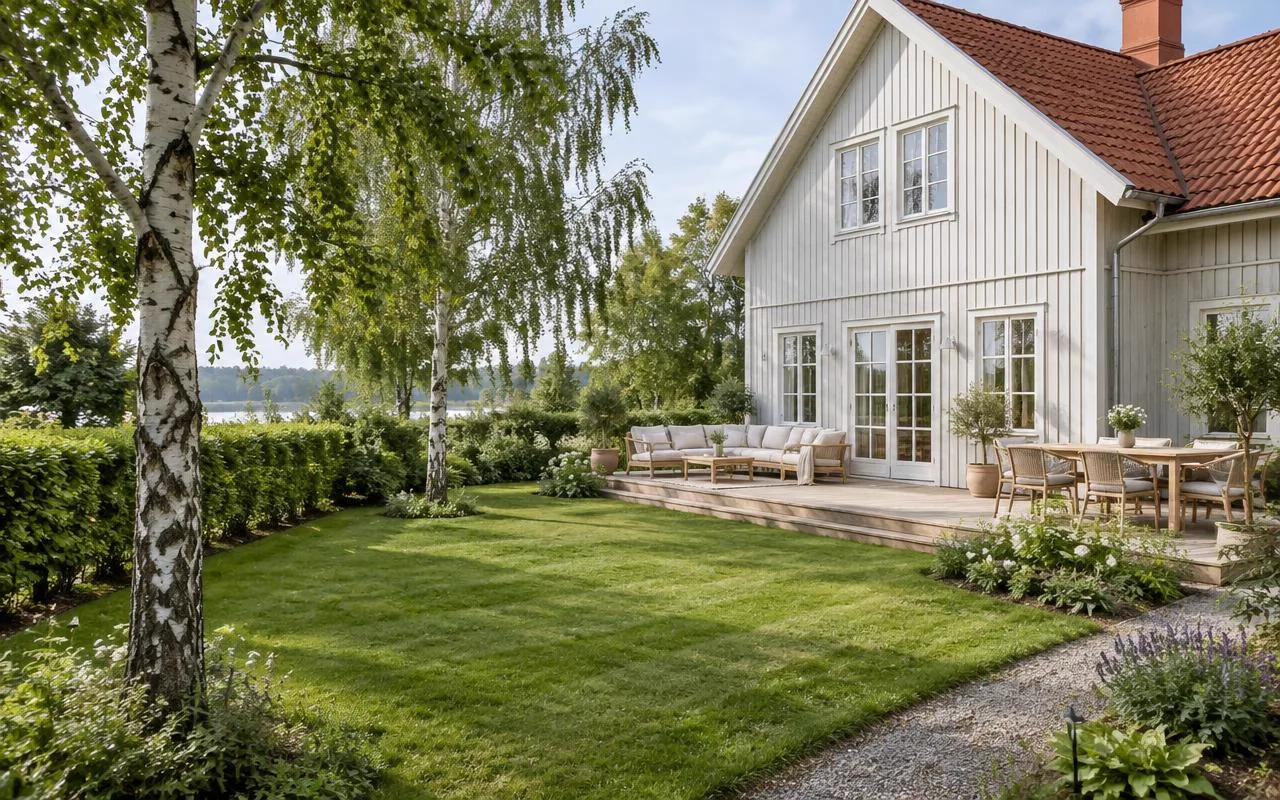 Grønn hage ved et lyst trehus med terrasse, grussti og hekk