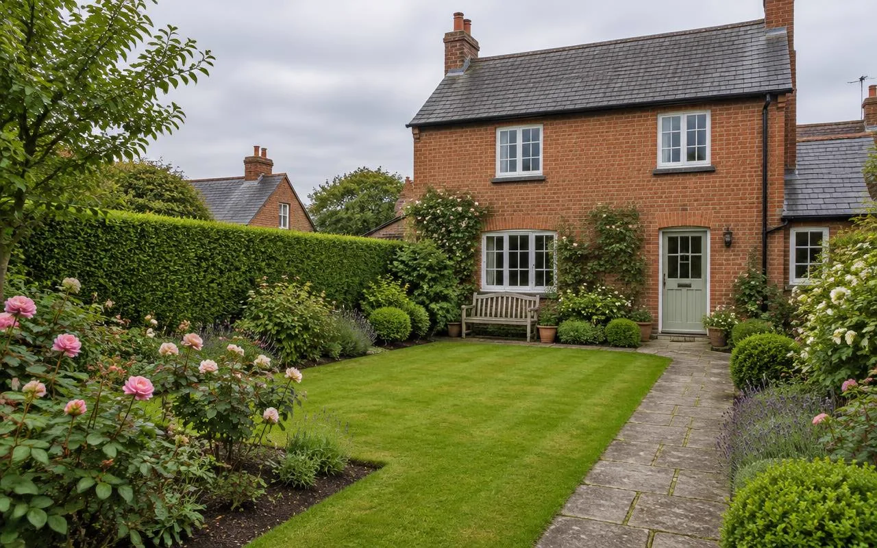 Green back garden of a brick house with lawn, roses and a stone path