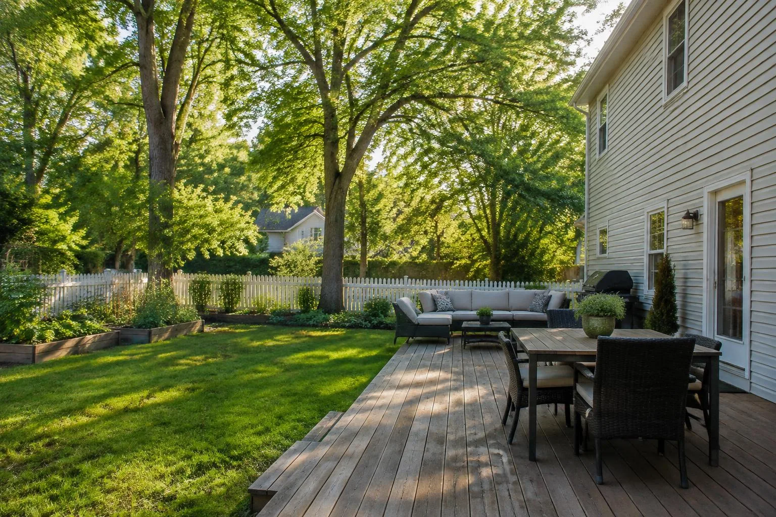 Backyard of a lap-siding house with wooden deck, lawn and white picket fence